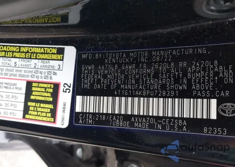 2023 Toyota Camry Se z USA, uszkodzony, nr VIN 4T1G11AK8PU728391